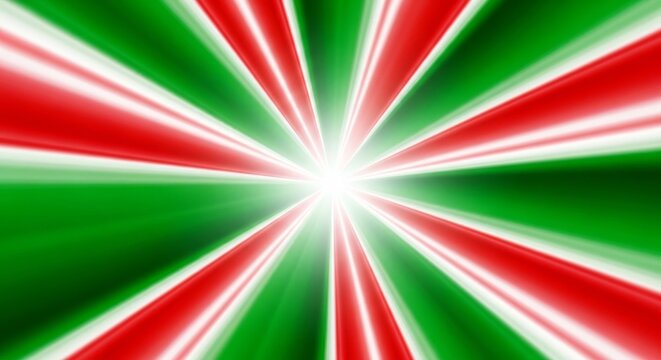 Abstract radial burst background, green white and red rays emanating from center with motion effect. Vibrant graphic for festive celebrations and energetic sports banners.