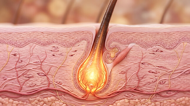 Hair follicle cross section with root bulb glowing inside detailed skin layer anatomy