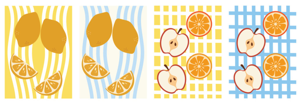 Set of Lemon Citrus Botanical Posters. Amalfi. Summer mediterranean print with hand drawn yellow lemon and blue leaves. Vacation in Italy. Vector design for card, banner, kitchen, menu, cover.