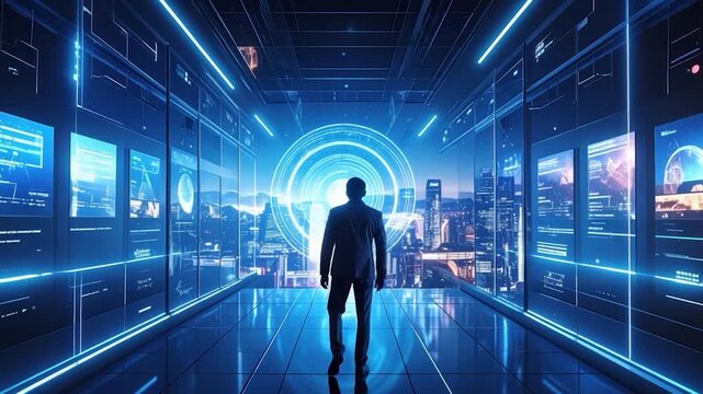Man in futuristic hub looking at city through a neon portal