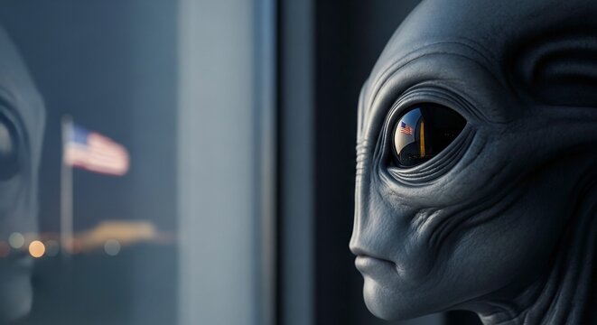 Extraterrestrial Alien Looking Through Window at Night with US Flag in Background