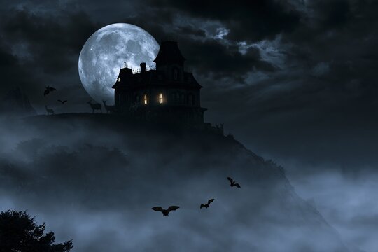 Mysterious haunted mansion on a hill at night, full moon behind dark clouds, fog rolling in, bats flying