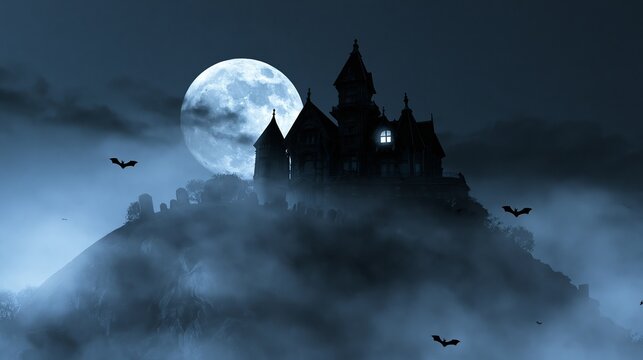 Mysterious haunted mansion on a hill at night, full moon behind dark clouds, fog rolling in, bats flying