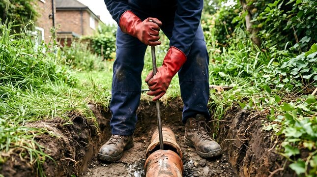 Worker using a drain rod to clear a blocked underground pipe in a garden trench