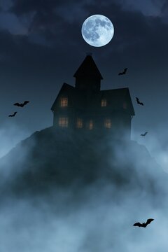 Mysterious haunted mansion on a hill at night, full moon behind dark clouds, fog rolling in, bats flying
