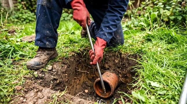 Worker in red gloves inspects a broken clay pipe in a trench