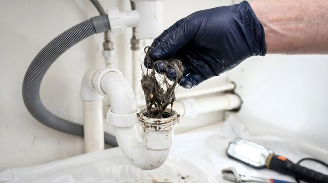 Gloved hand removes clogged pipe trap with hair and debris