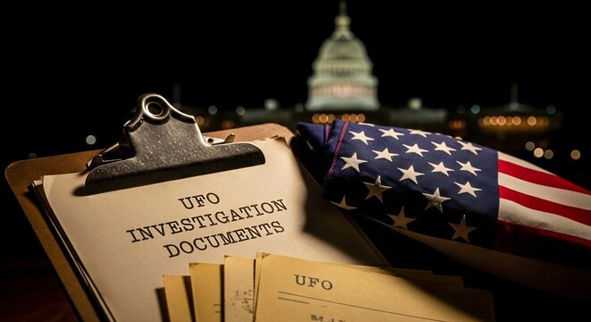 UFO Investigation Documents Top Secret Stamp Tool and Classified Folders on Desk Near US Capitol Window