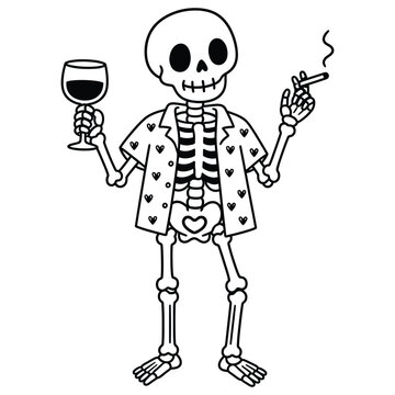 Cute cartoon skeleton wearing a heart pattern shirt holding a glass of wine and a cigarette