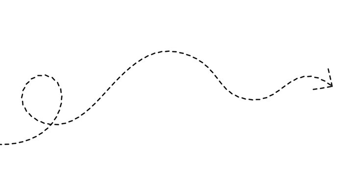 Abstract dashed arrow line curving and moving forward, representing a journey or progress with a dotted trail