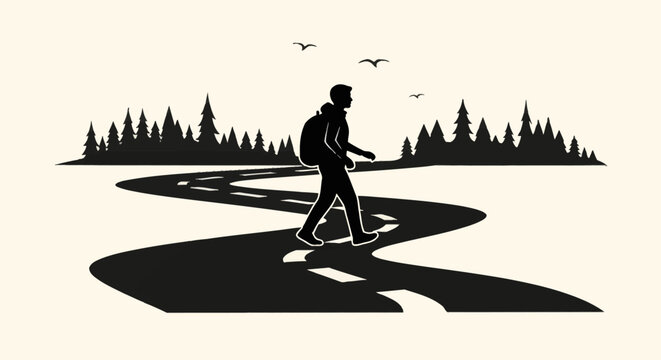 Black silhouette of a man wearing a backpack walking on a winding asphalt road with a forest treeline and birds in the sky, minimalist vector illustration for eco-travel.