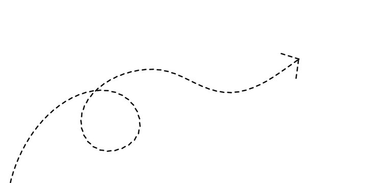 Abstract dashed line arrow representing progress, evolution, or a path of development with an initial circular motion leading to forward movement and a clear destination