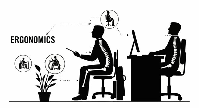 Silhouette illustration of office ergonomics showing male figures at desks with correct posture, spinal alignment, leg positioning, workspace setup and instructional icons.