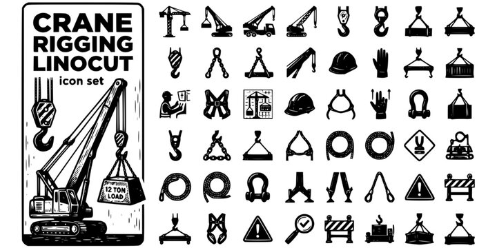 Crane Rigging Linocut Black White-Hook Chain Suspended Load-Lifting Safety Vector-Crane Icon Linocut-Work Safety Design Set