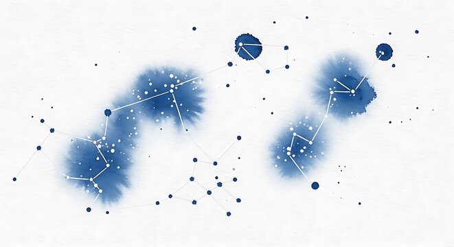 Abstract blue watercolor night sky constellation map with glowing stars