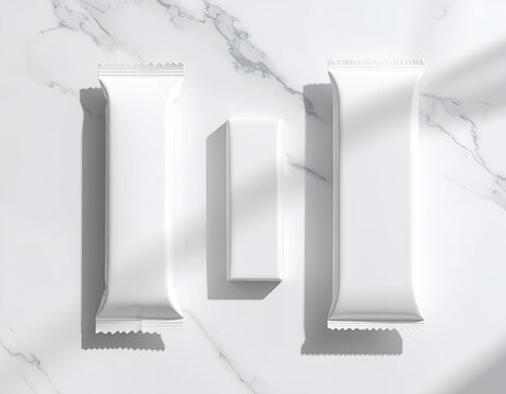 Three Blank White Snack Bar Wrappers on Marble Surface with Shadows.