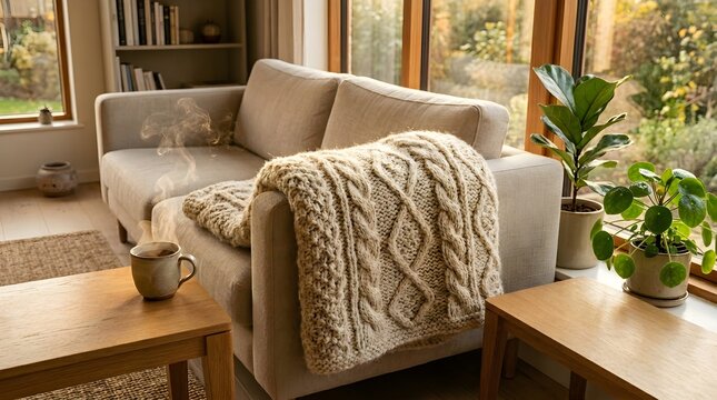 Sofa cushions feature a thick cable-knit wool throw blanket draped elegantly in a soft-lit living room with natural wooden tables and indoor greenery.
