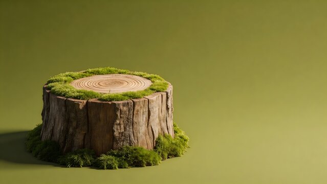 Tree stump with moss on green background