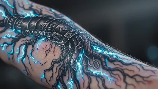 Fantasy tree roots arm tattoo with blue light
