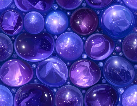 Close-up of a collection of shimmering purple glass marbles and beads.