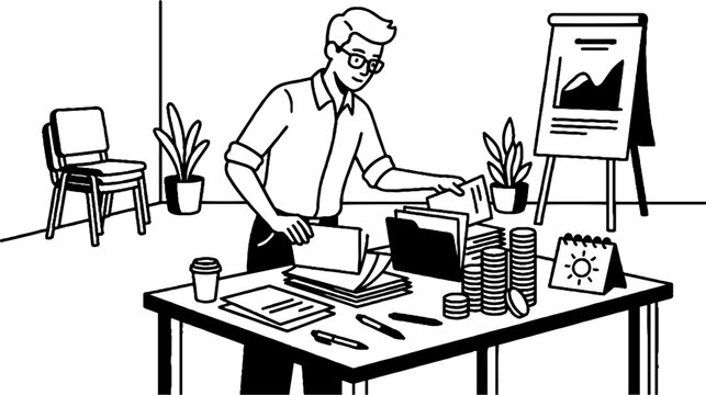 Businessman organizing office files and financial documents