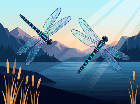 Two Stylized Blue Dragonflies Flying Over a Serene Mountain Lake at Sunrise, Modern Vector Illustration Landscape with Reed Plants and Sunbeams