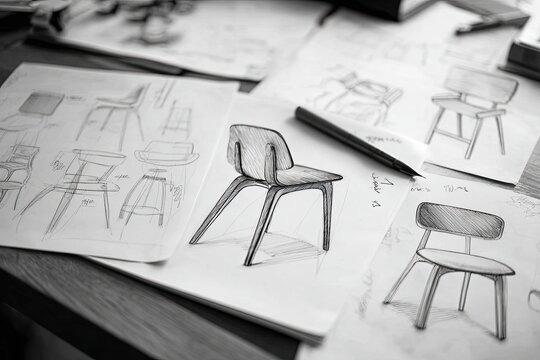 Sketches of chairs and other design plans scattered across a work table in black and white