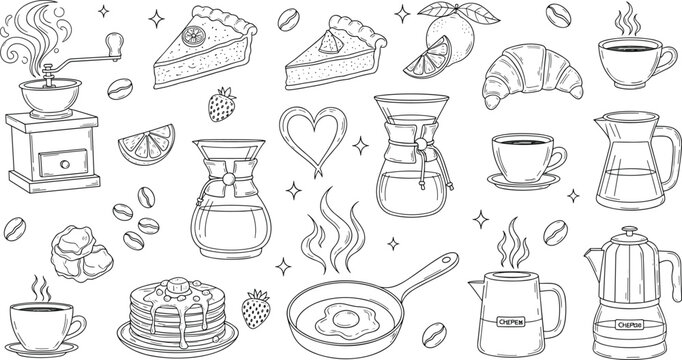 Coffee icons, breakfast symbols, caf&eacute; graphics, food outline, drink element, pastry design, cozy illustration, morning vector, culinary art inspiration