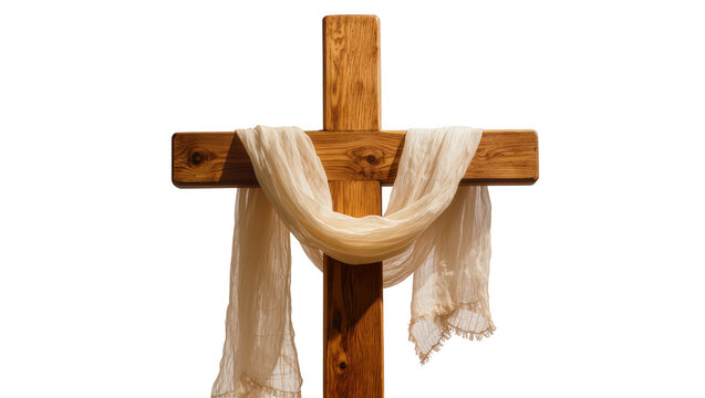 Isolated wooden Christian cross draped with flowing fabric, symbol of faith, sacrifice, and resurrection