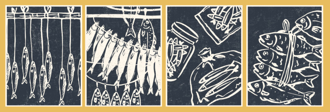 Wall art, poster, cover design. Hanging fish, dried, smoked, salted fish. Food market concept. Grunge retro vintage style.