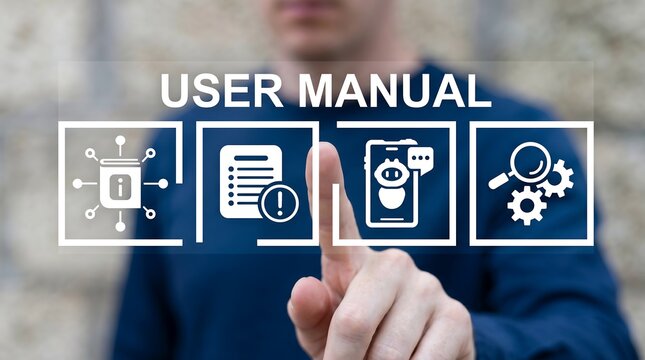 Man working on virtual touch screen presses inscription: USER MANUAL. Business Service: User Manual Guide, Online Instruction Manual