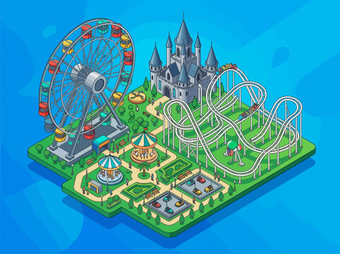 Colorful Isometric Amusement Park Illustration with Roller Coaster, Ferris Wheel, and Castle Attractions for Travel and Entertainment Design