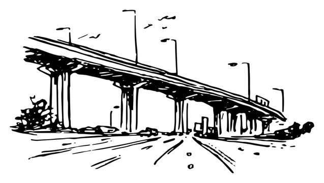 Highway overpass bridge with street lights on urban road hand drawn ink sketch