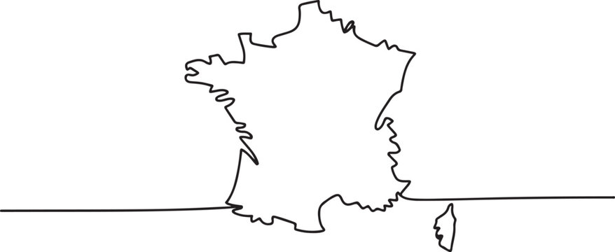 France map one continuous line drawing. Country single line contour map, shape of country. Map silhouette of European country.one line Art icon drawing vector