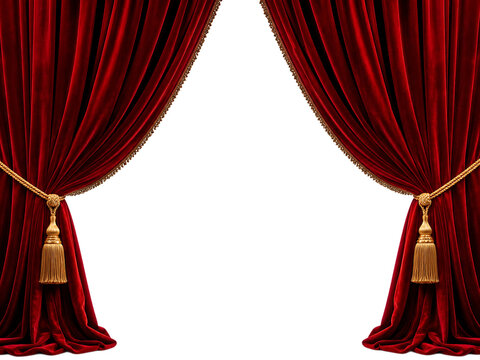 Two elegant red drapes tied back with gold tassels on a clean transparent background