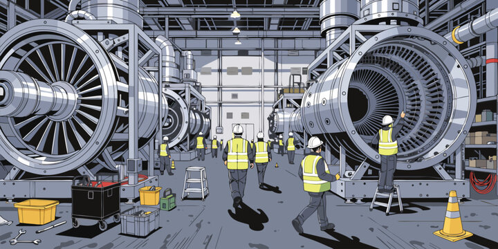 Workers in safety gear maintaining massive jet turbine engines in a large industrial workshop illustration