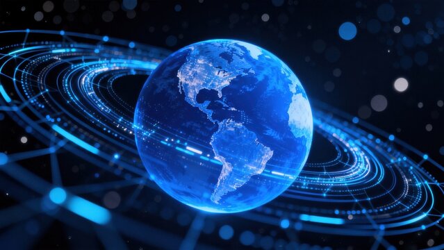 Blue globe with digital rings in space