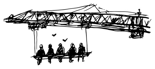 Obraz premium Construction workers sitting on steel beam girder black ink sketch style