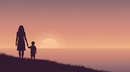 Fototapeta premium Mother and child silhouettes at sunset