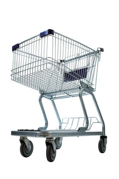 Isolated empty metal shopping cart for supermarket retail store grocery consumer purchases