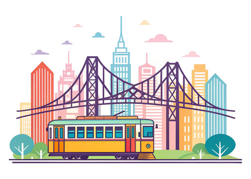 Colorful minimalist vector illustration of Kolkata Howrah Bridge and tram, urban travel art, flat modern design,