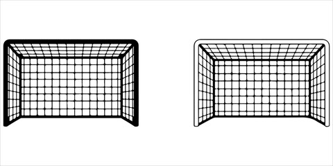 Fototapeta premium Soccer goal post silhouette set with net perspective isolated on gray background, black sports equipment vector illustration collection for football design, training, tournament and game graphics