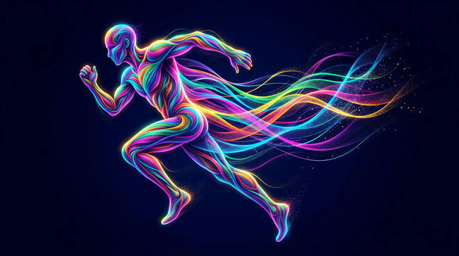 Luminating striped fiber optic lines outline a moving athletic body, leaving multicolored light trails against a black background.