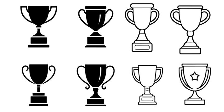Trophy cup icon set isolated on gray background, black and outline championship award collection for victory, achievement, competition, winner celebration and sports branding designs