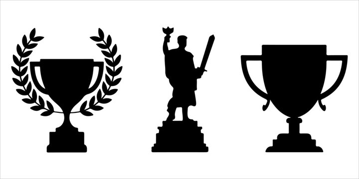 Trophy cup icon set isolated on gray background, black and outline championship award collection for victory, achievement, competition, winner celebration and sports branding designs