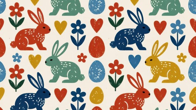 Cute colorful cartoon bunnies and hearts seamless pattern for Easter spring greeting cards and nursery decor
