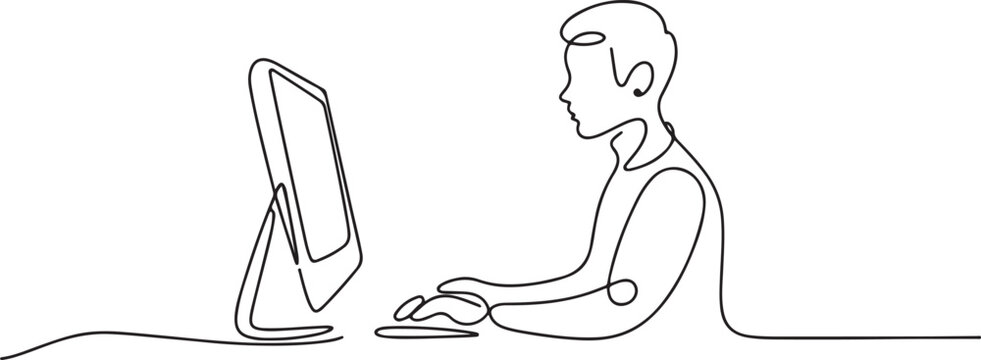 Continuous single drawn one line designer looks working monitor.one line Art icon drawing vector