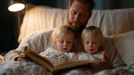 Fototapeta premium Father reading bedtime storybook to twin toddlers in dim nursery, soft lamp glow, children tucked under patterned quilts, dad using expressive gestures to animate characters, nightly bedtime ritual,