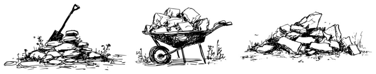 Wheelbarrow and shovel used for moving rock piles hand drawn ink sketch style © AdrianGebert