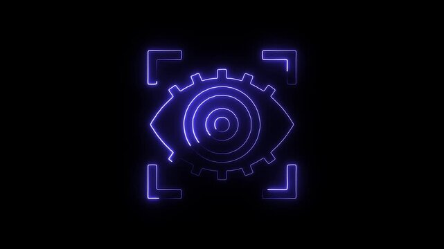 Neon blue gear icon with glowing lines on black background